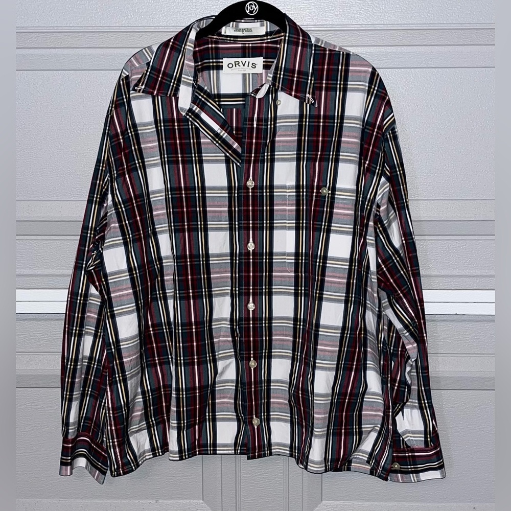 Orvis Shirt Men’s Large Green Red Button Up Long Sleeve Plaid Long Sleeve EUC